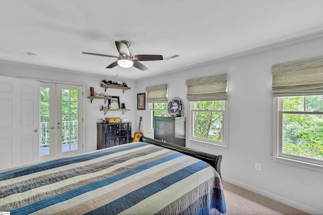 bedroom featuring visible vents, carpet floors, access to exterior, baseboards, and ceiling fan