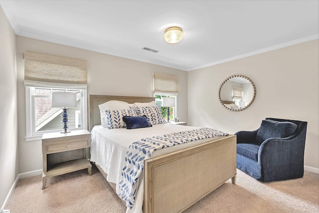 bedroom featuring baseboards, visible vents, ornamental molding, and carpet