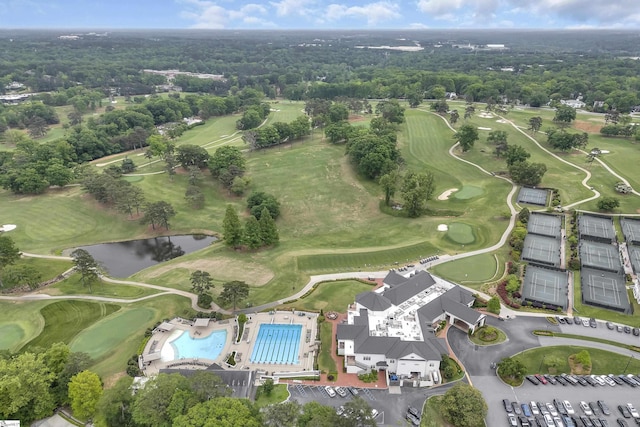 drone / aerial view featuring a water view and golf course view