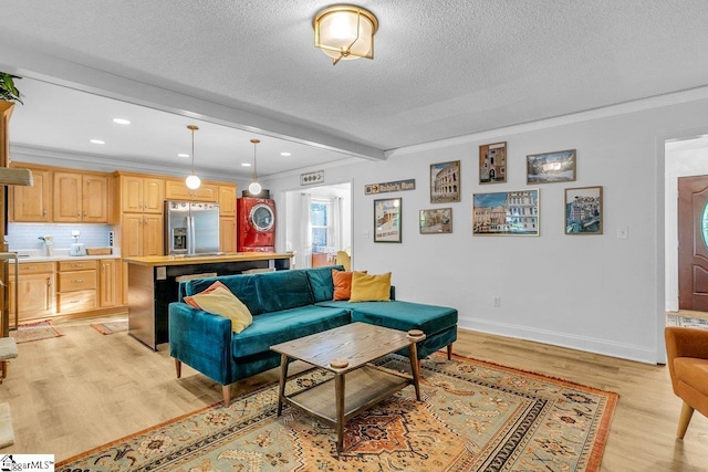 207 Tollgate Rd, Simpsonville, SC 29681 - living area with a textured ceiling, ornamental molding, baseboards, and light wood-style floors