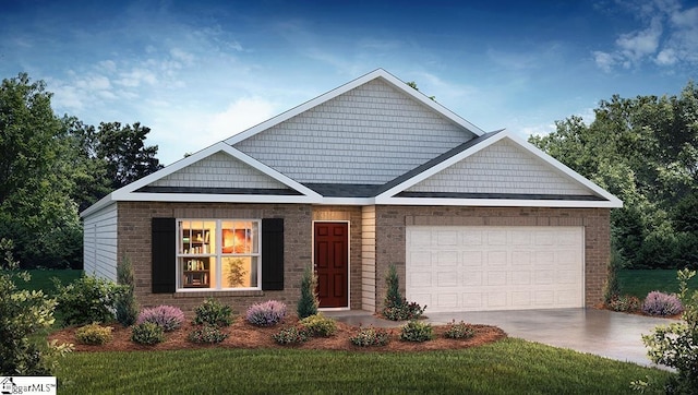 craftsman house with brick siding, an attached garage, driveway, and a front yard