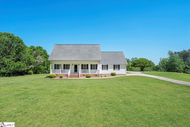 cape cod-style house featuring a front lawn, roof with shingles, covered porch, and crawl space