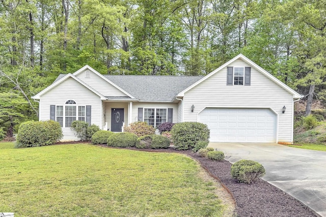 view of front of home featuring a garage, a shingled roof, concrete driveway, and a front lawn