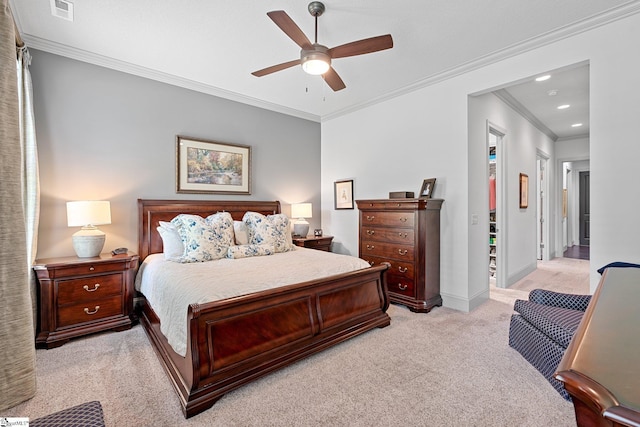 bedroom featuring visible vents, light colored carpet, baseboards, ornamental molding, and recessed lighting