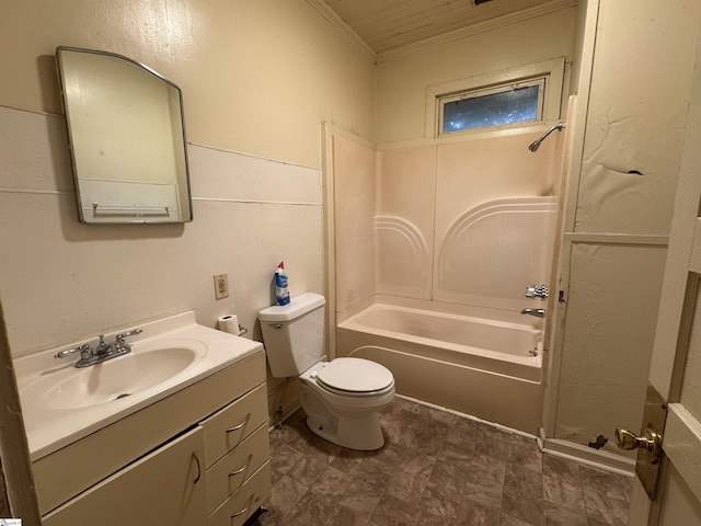 bathroom featuring crown molding, toilet,  shower combination, and vanity