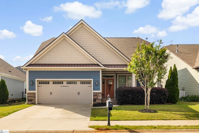 180 Bur Oak Dr, Taylors, SC 29687 - craftsman inspired home featuring a front lawn, stone siding, a garage, concrete driveway, and a standing seam roof