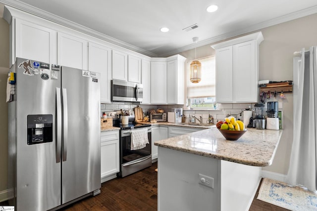 180 Bur Oak Dr, Taylors, SC 29687 - kitchen featuring dark wood finished floors, a sink, a peninsula, ornamental molding, and stainless steel appliances