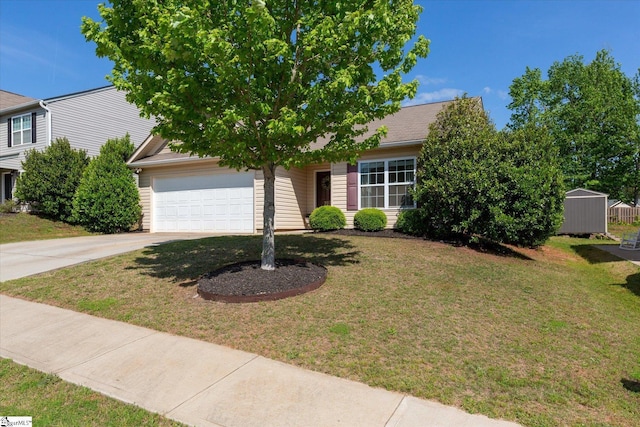 view of property hidden behind natural elements featuring an attached garage, driveway, and a front yard