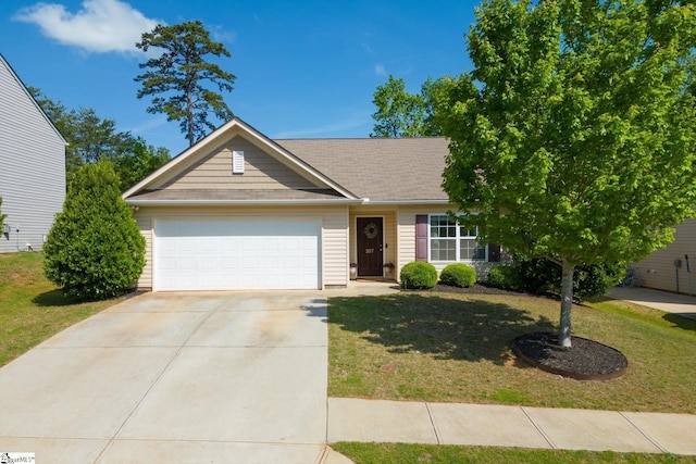 ranch-style home with a garage, a front lawn, and concrete driveway