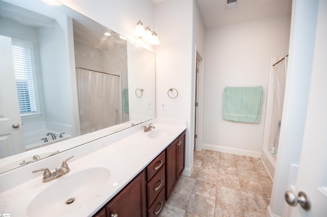920 Ravenfield Dr, Duncan, SC 29334 - bathroom featuring a sink, a shower with curtain, a bath, and double vanity