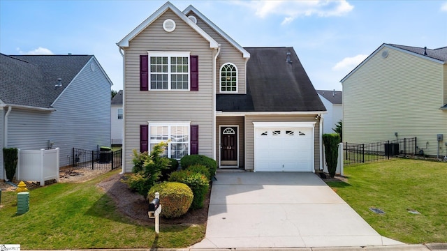 traditional-style house featuring central AC unit, a front lawn, fence, and concrete driveway