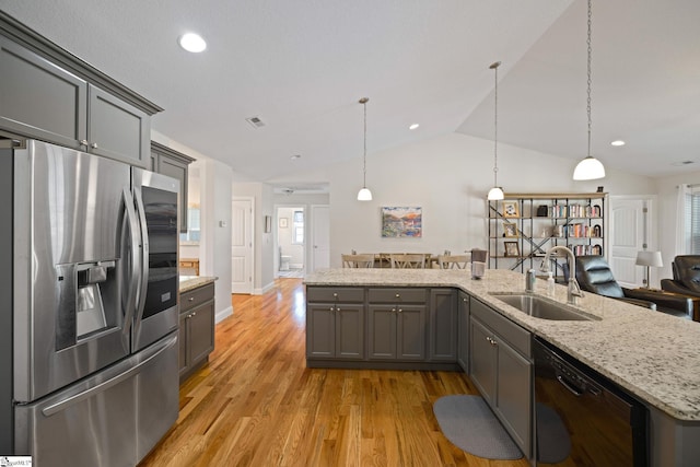 327 Terra Plains Dr, Greer, SC 29651 - kitchen with stainless steel refrigerator with ice dispenser, a sink, gray cabinets, and black dishwasher