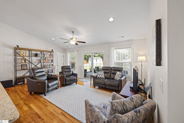 327 Terra Plains Dr, Greer, SC 29651 - living room featuring a ceiling fan, vaulted ceiling, recessed lighting, and wood finished floors