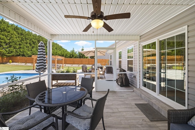 327 Terra Plains Dr, Greer, SC 29651 - view of patio with a fenced backyard, a fenced in pool, outdoor dining space, and a ceiling fan