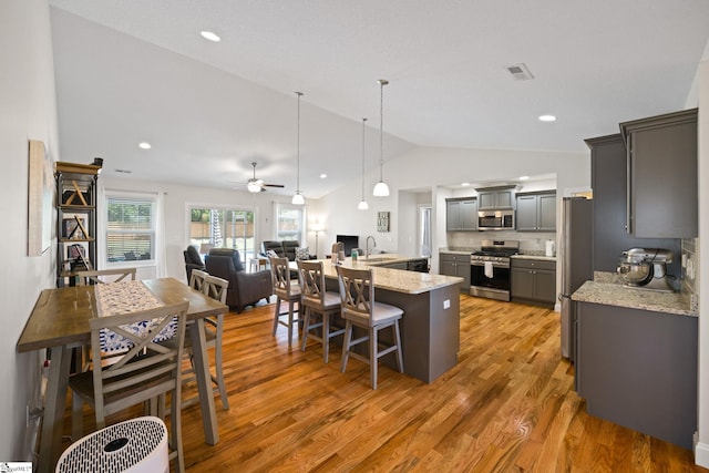 327 Terra Plains Dr, Greer, SC 29651 - kitchen with ceiling fan, a breakfast bar area, appliances with stainless steel finishes, vaulted ceiling, and light wood-type flooring