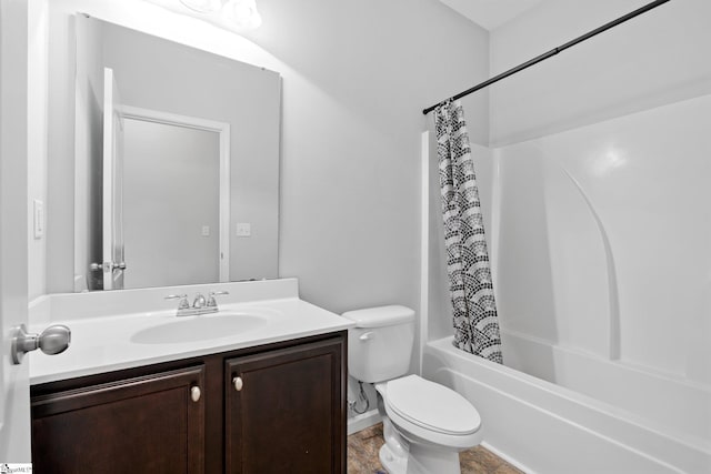 bathroom featuring toilet, shower / bath combination with curtain, and vanity