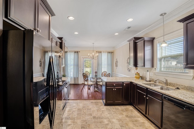 127 Alberta Cir, Piedmont, SC 29673 - kitchen featuring an inviting chandelier, ornamental molding, dark brown cabinets, a sink, and black appliances