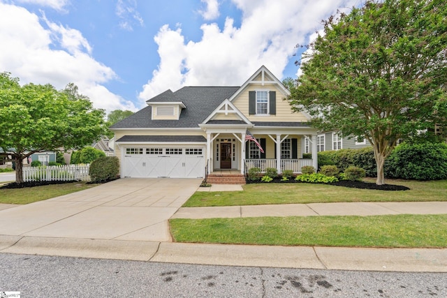 1 Maitland Dr, Greenville, SC 29617 - craftsman house with fence, a garage, a porch, a front yard, and concrete driveway