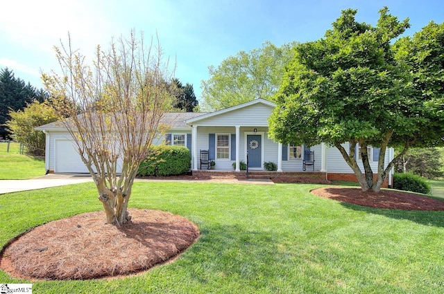 single story home with covered porch, concrete driveway, and a front lawn