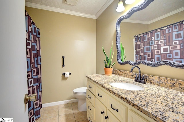 full bathroom with vanity, tile patterned floors, baseboards, toilet, and ornamental molding