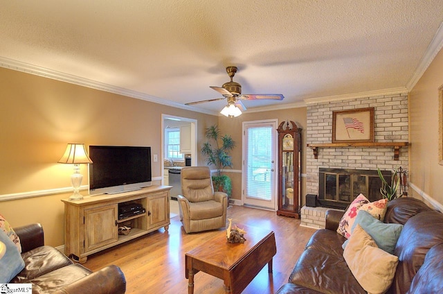 living area with light wood-style floors, ornamental molding, and a textured ceiling