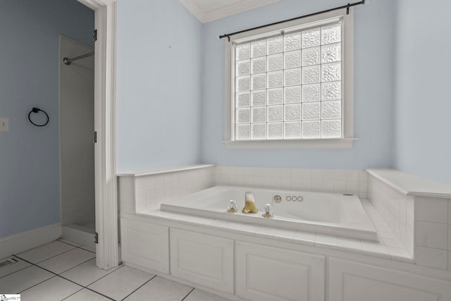 full bath featuring tile patterned flooring, a bath, and a shower stall