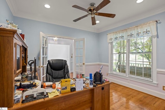 office area with ornamental molding, a ceiling fan, recessed lighting, and wood finished floors