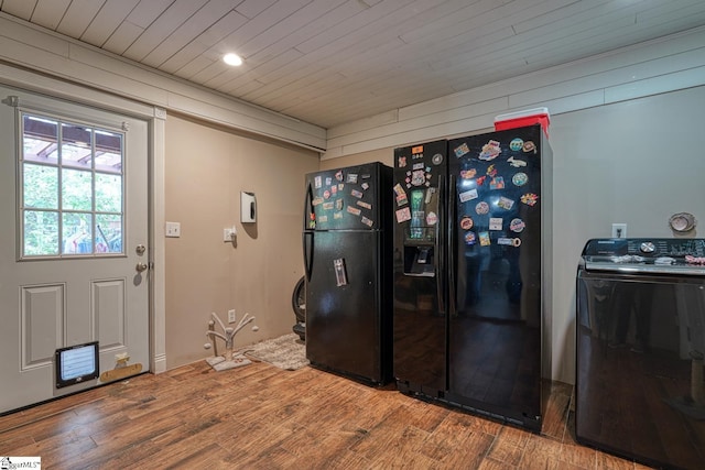 miscellaneous room with washer / dryer, wood ceiling, recessed lighting, and wood finished floors