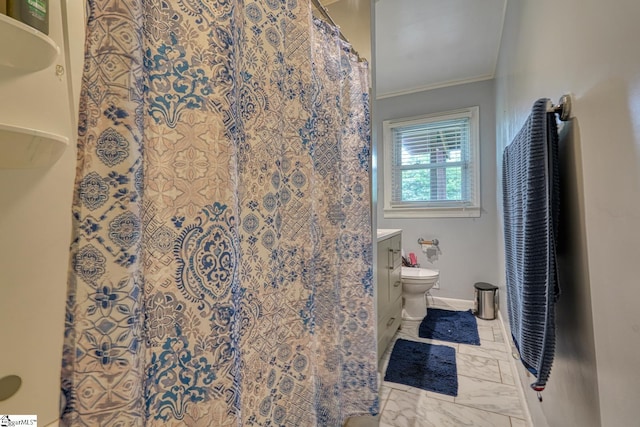 full bathroom featuring crown molding, vanity, toilet, marble finish floor, and curtained shower