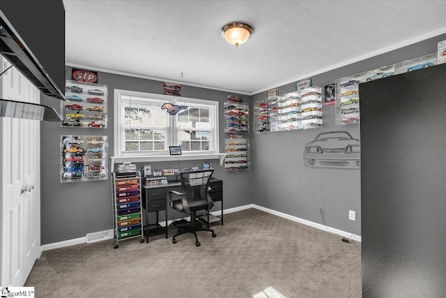 office area featuring crown molding, a textured ceiling, baseboards, and carpet