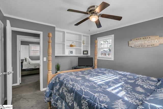 bedroom featuring crown molding, ceiling fan, and carpet flooring