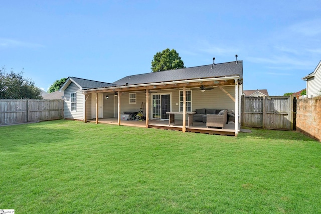 232 Ashley Danielle Dr, Duncan, SC 29334 - rear view of house featuring a fenced backyard, ceiling fan, a yard, and outdoor lounge area