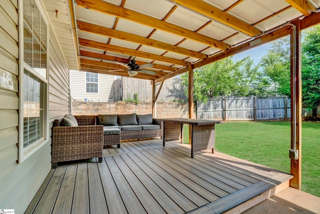 232 Ashley Danielle Dr, Duncan, SC 29334 - wooden deck featuring a yard, outdoor lounge area, a ceiling fan, and a fenced backyard