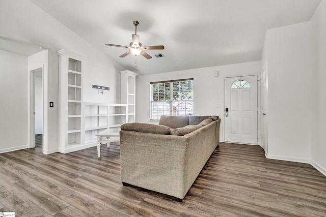 232 Ashley Danielle Dr, Duncan, SC 29334 - living room featuring visible vents, wood finished floors, baseboards, ceiling fan, and vaulted ceiling