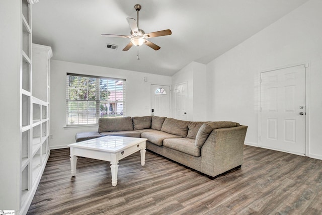 232 Ashley Danielle Dr, Duncan, SC 29334 - living area featuring dark wood-style flooring, ceiling fan, visible vents, baseboards, and vaulted ceiling
