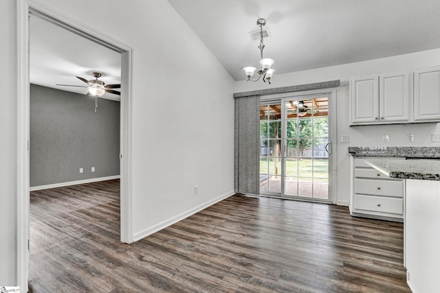 232 Ashley Danielle Dr, Duncan, SC 29334 - unfurnished dining area with visible vents, dark wood-style floors, ceiling fan with notable chandelier, and lofted ceiling