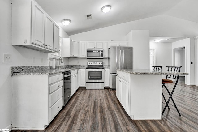 232 Ashley Danielle Dr, Duncan, SC 29334 - kitchen with a kitchen breakfast bar, a center island, dark wood finished floors, lofted ceiling, and stainless steel appliances