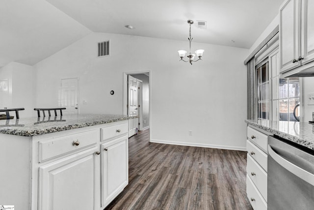 232 Ashley Danielle Dr, Duncan, SC 29334 - kitchen with stainless steel dishwasher, a chandelier, visible vents, and lofted ceiling