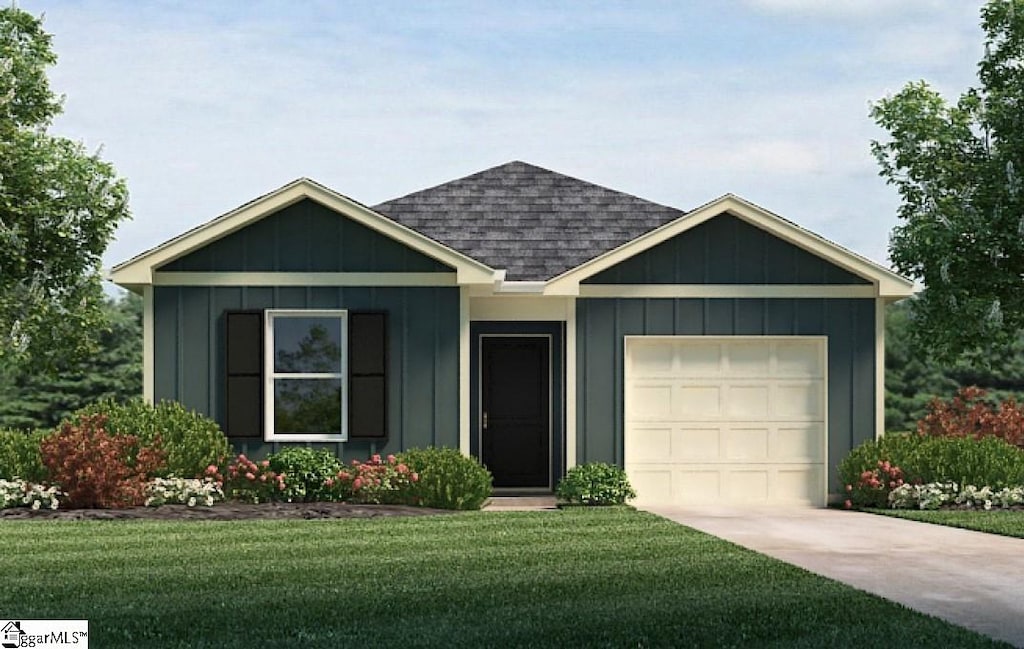 ranch-style home with roof with shingles, a front lawn, a garage, board and batten siding, and driveway