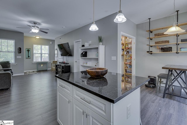 kitchen with white cabinets, open shelves, a ceiling fan, and dark wood-type flooring