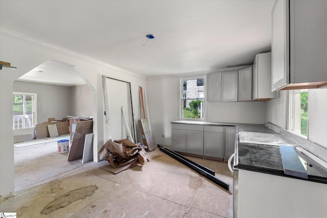 6 Liberty St, Piedmont, SC 29673 - kitchen featuring gray cabinetry, arched walkways, and ornamental molding