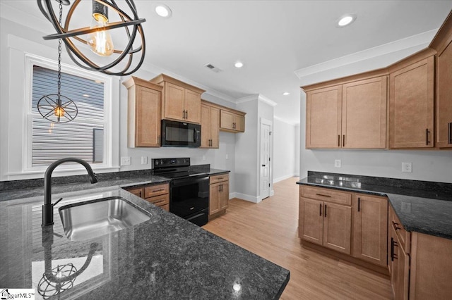 13 Lyman Lake Rd, Lyman, SC 29365 - kitchen featuring visible vents, a sink, black appliances, ornamental molding, and recessed lighting