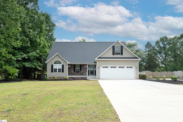 view of front facade with fence, a shingled roof, a garage, a front yard, and concrete driveway
