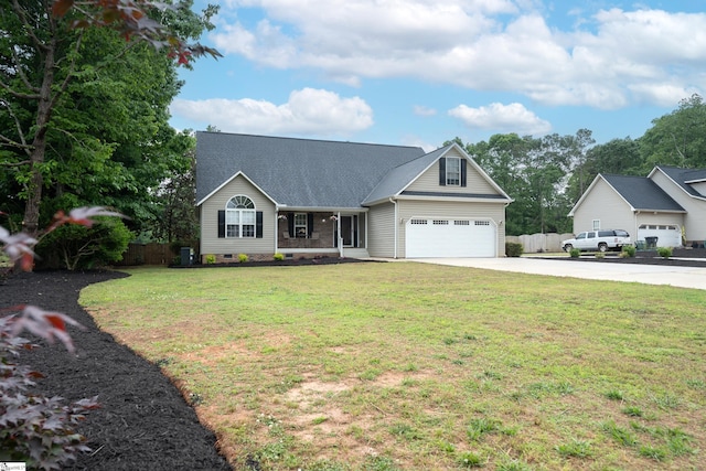 view of front facade with fence, a front lawn, a garage, crawl space, and driveway