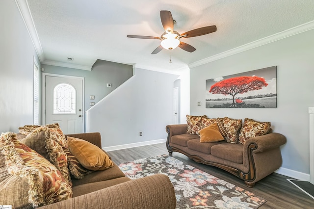 118 Wonderberry Ct, Boiling Springs, SC 29316 - living room with crown molding, wood finished floors, ceiling fan, a textured ceiling, and stairway