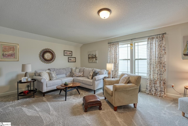 living area featuring a textured ceiling, baseboards, and carpet