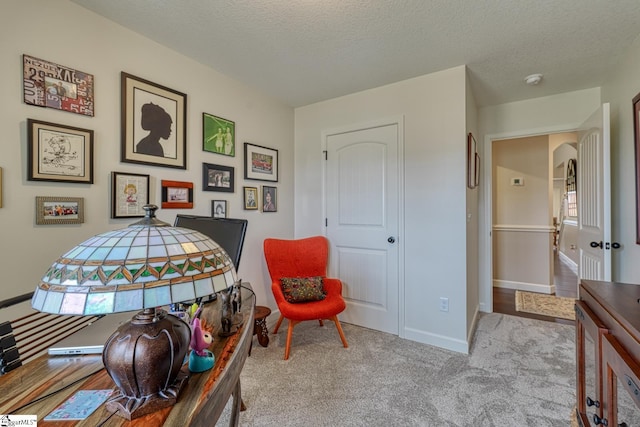 living area with carpet flooring, a textured ceiling, and baseboards