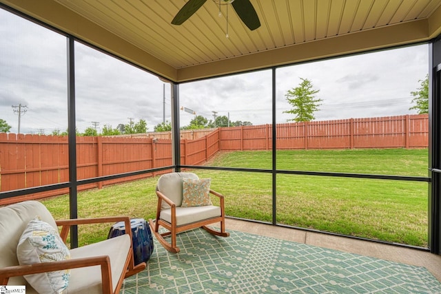 sunroom / solarium featuring plenty of natural light and a ceiling fan