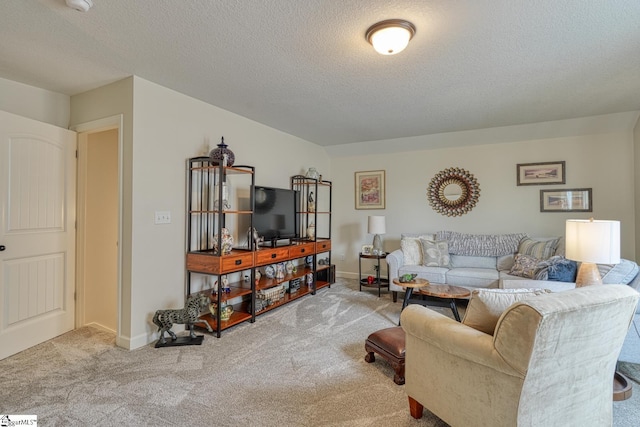 carpeted living room with baseboards and a textured ceiling