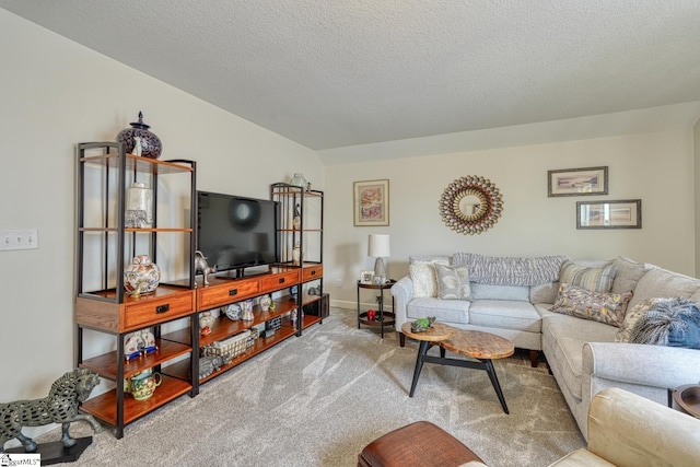 living area featuring baseboards, a textured ceiling, and carpet